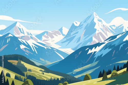 Snowy mountain peaks with green hills, conifer trees, and clear blue sky in stylized landscape.