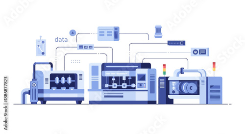 Illustration of a smart factory system with machines, network connections, and data flow, depicting industrial automation and engineering in a blue-toned graphic.