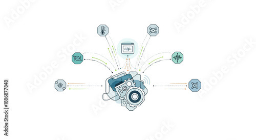 Vector illustration of a worker surrounded by network and charts in a smart factory setting with a focus on logistics and energy industry teamwork.