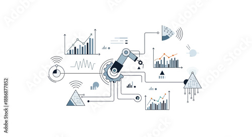 Illustration of a robotic arm surrounded by various business and industry-related graphics, including charts, graphs, and network diagrams, conveying a smart factory and logistics concept.
