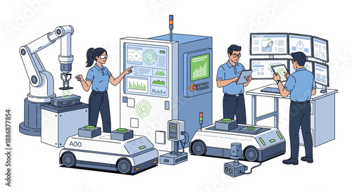 Illustration of workers in a smart factory setting with machinery, robots, and control panels, showcasing teamwork and industry automation.