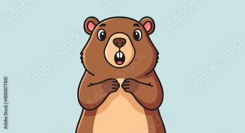 Groundhog day cartoon of surprised groundhog peeking from burrow on light blue background for holiday celebrations. Suitable for festive designs.