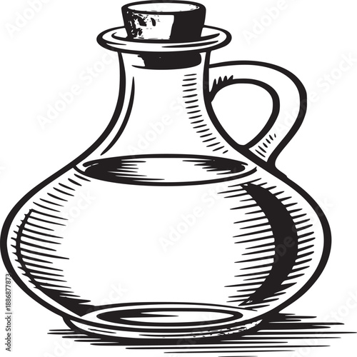 Illustration of a glass bottle with a cork stopper filled with a yellow liquid on a white background