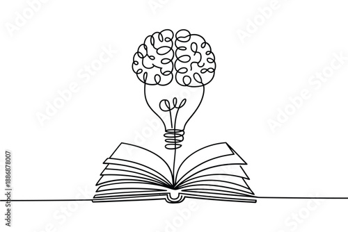 A single line drawing illustrating brain lightbulb and open book concepts