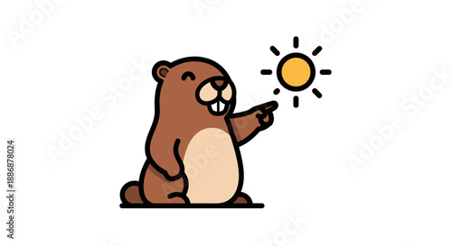 Groundhog cartoon predicting the weather with a small sun could be used as a weather forecast graphic or spring message.