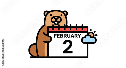 Groundhog day calendar with sunshine and clouds, furry forecaster predicts weather, suitable for weather forecasting concepts and february themes.