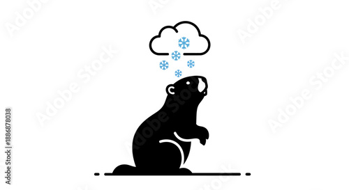 Groundhog day illustration of black groundhog in cloud, awaits spring with hope. Suitable for weather forecasts, seasonal greeting cards.
