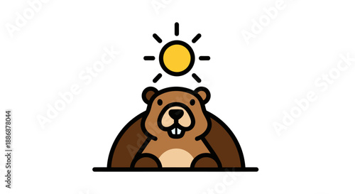 Groundhog day brown beaver anticipates shadow under the bright sun in a cheerful illustration. Suitable for spring promotions or weatherrelated designs.