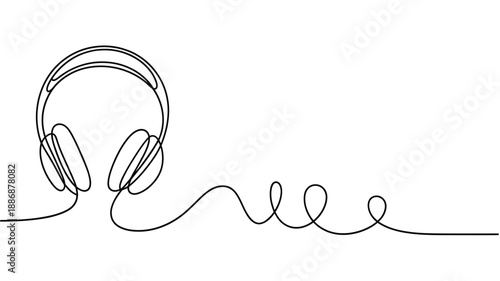Minimalist line art depicting headphones and a flowing continuous drawing style