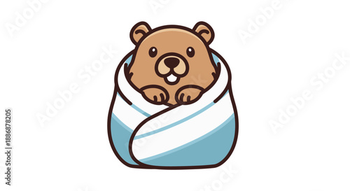 Beaver escapes winter in striped blanket, repeating forever. Groundhog day concept suitable for childrens book illustrations and animations.