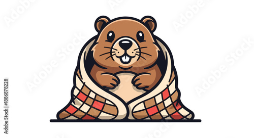 Groundhog day vibes as a beaver awaits spring snuggled in a blanket. Perfect for seasonal designs and wildlifethemed content.