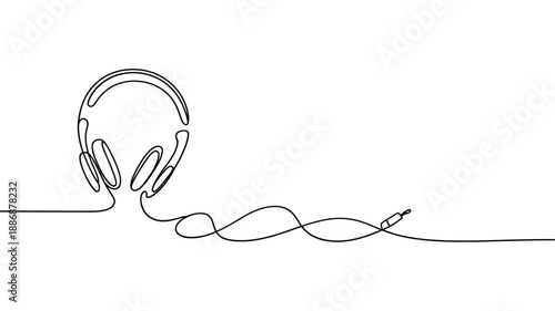 Elegant one line drawing of headphones with a flowing cable design