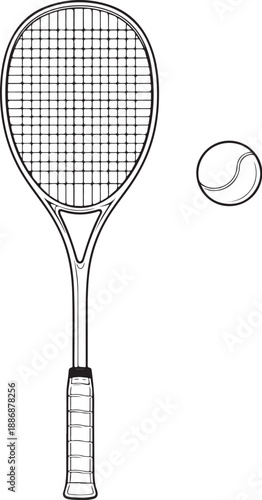 Soft tennis racquet and ball black and white technical line art front view