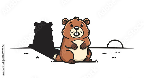 Groundhog day cartoon with beaver shadow predicting weather like punxsutawney phil. Ideal for weather forecasts, humorous illustrations, and groundhog day celebrations.