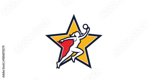 National girls sports woman athlete grips ball in star championing young girls sports. Suitable for empowering sportsthemed designs aimed at girls.