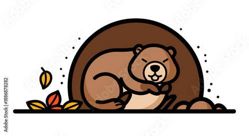 Groundhog day cartoon beaver snuggles outside leafy burrow predicting weather. Suitable for weather forecasting, wildlife, animal illustrations, and animation.