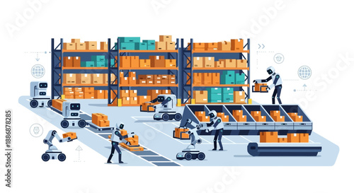 Illustration of workers in a smart factory warehouse with logistics and teamwork, using machines and network systems for efficient energy industry operations and engineering.