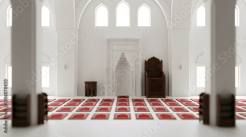 Miniature Mosque Interior with White Architecture and Red Prayer Carpet