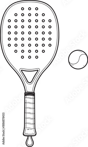 Beach tennis racquet and ball black and white technical line art front view