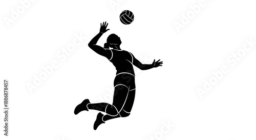 National girls sports black silhouette of powerful woman spiking volleyball in competitive game, perfect for sportsrelated designs and promotions.