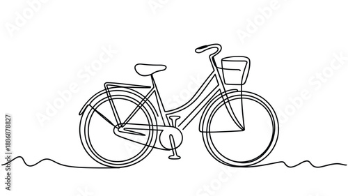 Simple one line drawing of a vintage bicycle with a basket