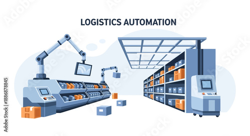 An illustration of a smart factory with logistics automation, featuring a robotic arm, machinery, and shelving units with boxes, conveying a sense of efficient industry and teamwork in a