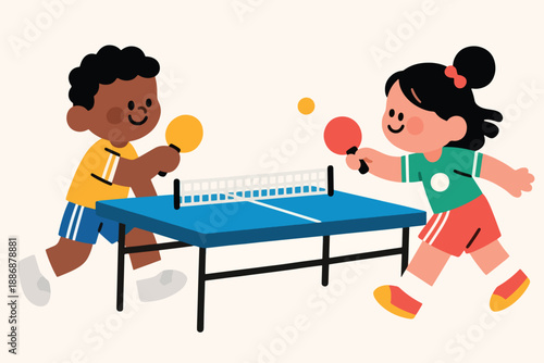 Two kids playing table tennis with colorful paddles and ball over blue table in lively scene.