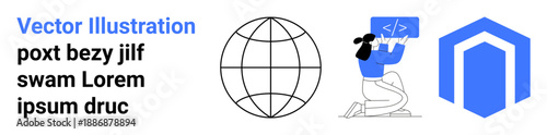 Web development, software design, cybersecurity, global communication, coding education, data security. Features globe icon, developer coding screen and security-inspired logo. Web development