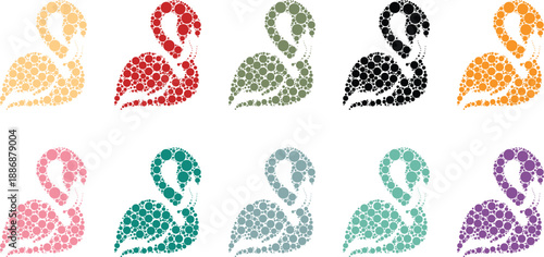 Flamingo silhouettes made of colorful circles, Tropical bird mosaic figures in bright hues