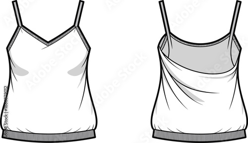 Fashion Design Flat of a Spaghetti Strap Tank Top Front and Back with Shading and Detail sketch technical drawing