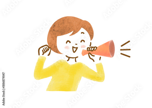 メガホンで声援を送る女性の上半身イラスト