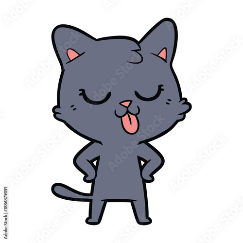 Cartoon cat standing with eyes closed and tongue out