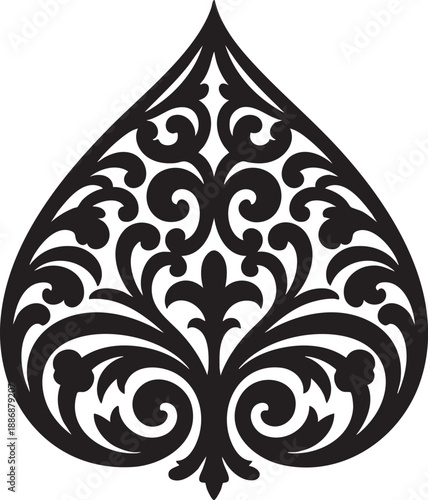 Intricate floral pattern illustration in a teardrop shape with swirling designs and a pointed tip viewed from directly above