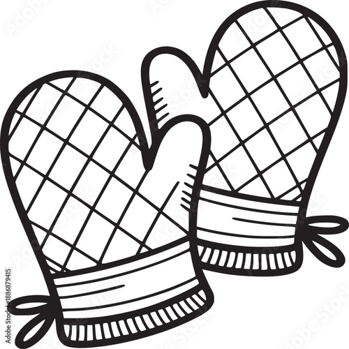 A pair of oven mitts with a checkered pattern and tied bows in a simple black and white line drawing