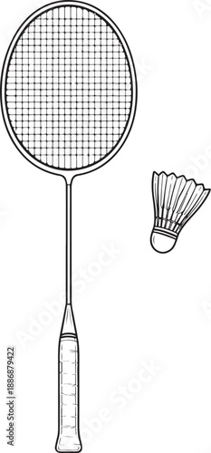 Badminton racquet and shuttlecock black and white technical line art front view