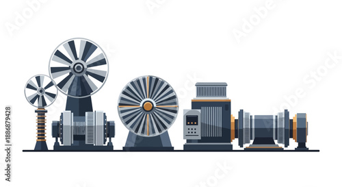 An illustration of industrial machinery components, including gears and turbines, arranged horizontally against a clean white background with a focus on engineering and manufacturing.