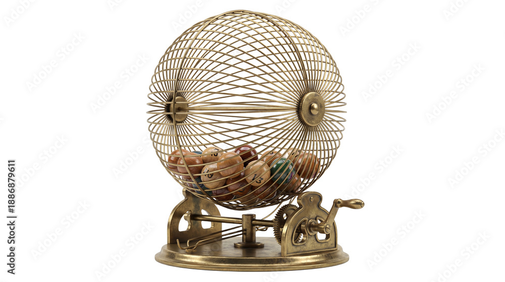 Fototapeta premium Brass Wire Lottery Machine with Numbered Balls Product Shot isolated PNG with Transparent Background