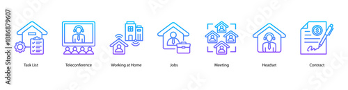 Virtual Collaboration web banner vector illustration featuring Task List, Teleconference, Working at Home, Jobs, Meeting, Headset, and Contract.