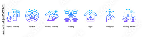 Remote Work Life web banner vector illustration featuring Working at Home, Isolation, Working at Home, Meeting, Login, Wifi signal, and Working at Home.