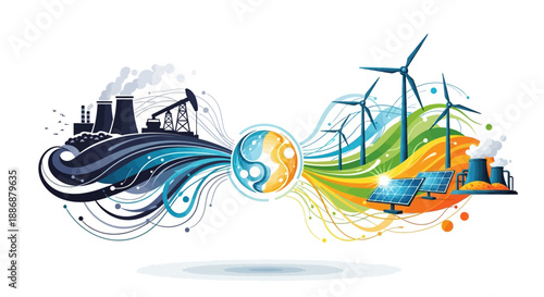 Illustration of a stylized globe with swirling lines transitioning from industrial to renewable energy symbols, representing a shift towards sustainable practices in the energy industry