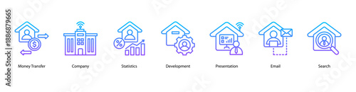 Corporate Operations web banner vector illustration featuring Money Transfer, Company, Statistics, Development, Presentation, Email, and Search.