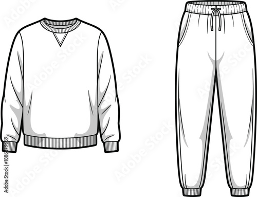 White crewneck sweatshirt and sweatpants with drawstring and ribbed cuffs isolated on white background