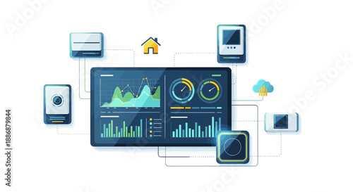 Vector illustration of a smart factory system with interconnected devices and charts on screens, representing industry and teamwork in logistics and energy sector.