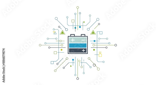 Illustration of a smart factory concept with a battery surrounded by network lines and charts on a white background, representing energy industry and engineering teamwork.