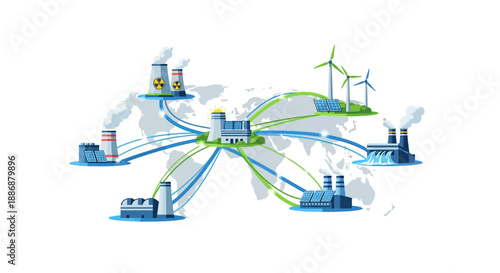 Illustration of a smart factory and logistics network with industrial buildings, machines, and workers connected by green and blue lines and charts in a vector graphic with a professional