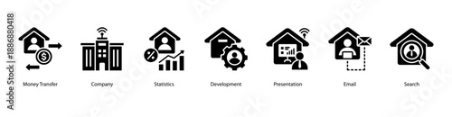 Corporate Operations web banner vector illustration featuring Money Transfer, Company, Statistics, Development, Presentation, Email, and Search.