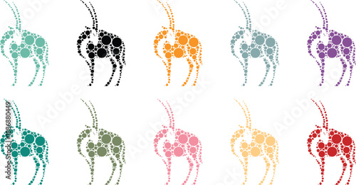 Antelope silhouettes composed of colorful circles, Gazelle mosaic animals in vibrant dots