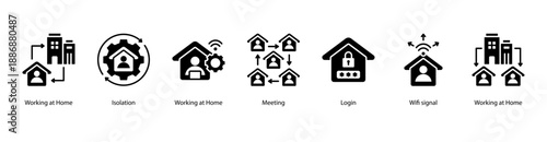 Remote Work Life web banner vector illustration featuring Working at Home, Isolation, Working at Home, Meeting, Login, Wifi signal, and Working at Home.