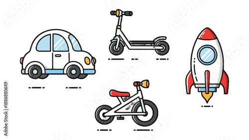 Transportation Icons: A collection of simple, charming icons, depicting a classic car, scooter, rocket, and bike, representing different modes of transport. 