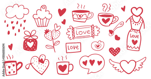 Charming red doodle illustrations featuring sweets hearts and love themed elements